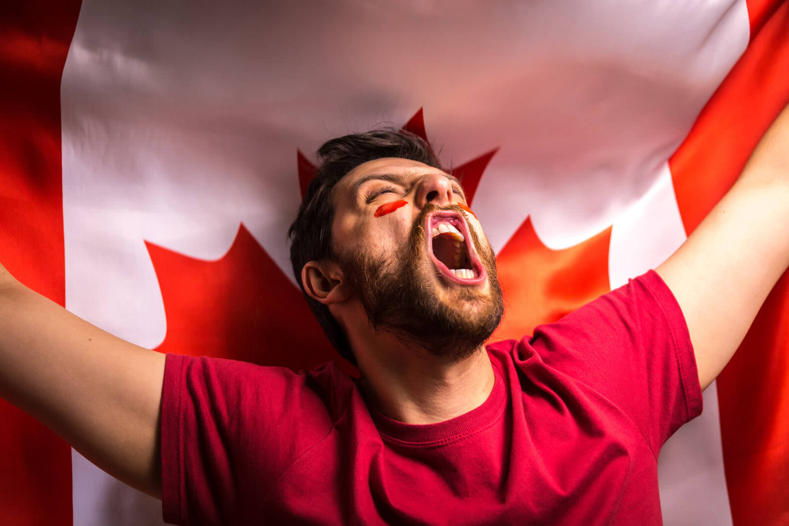 A beared man wearing a red shirt is yelling to the sky wearing the Canadian flag like an outstretched cape.